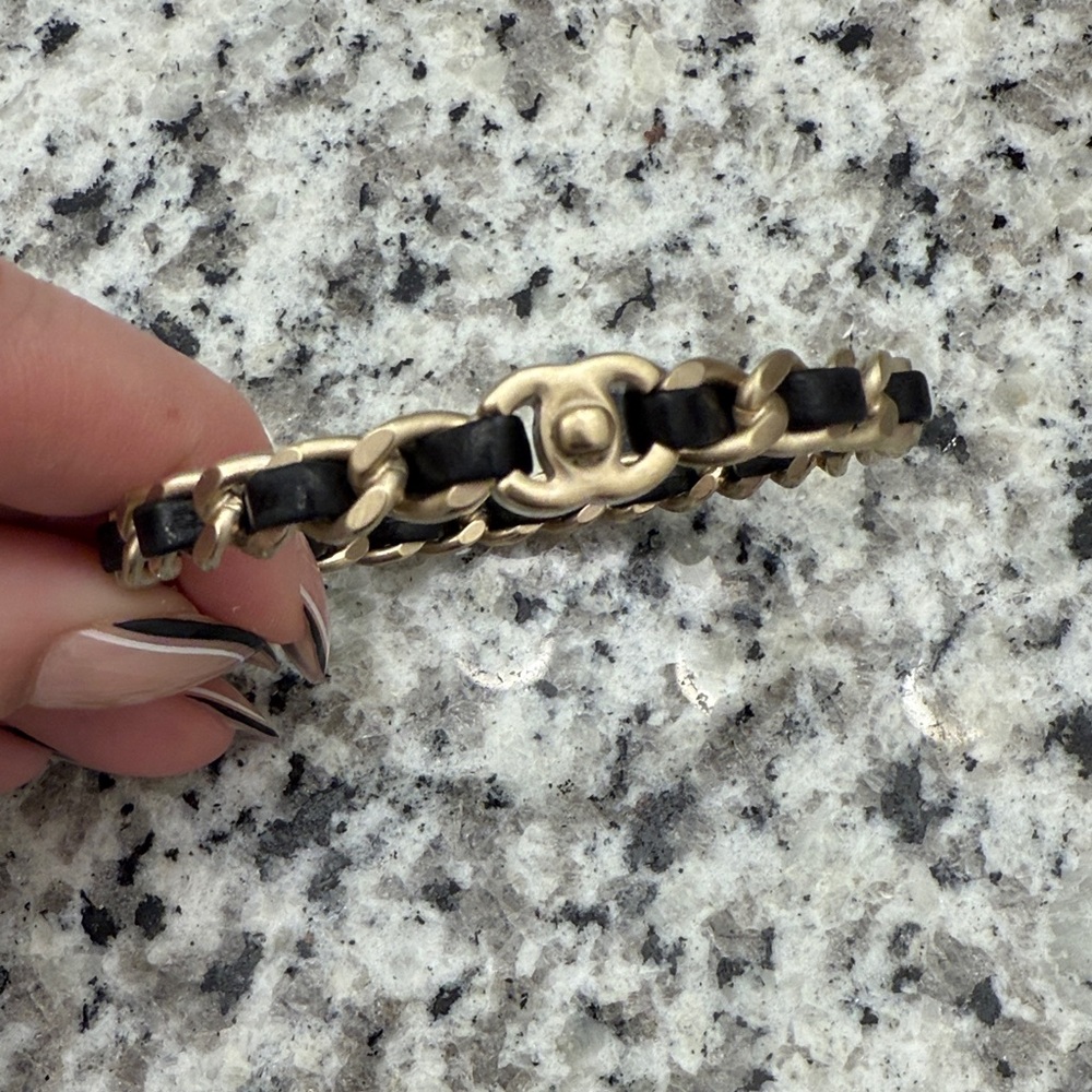 Chanel champagne gold and black leather chain bangle bracelet